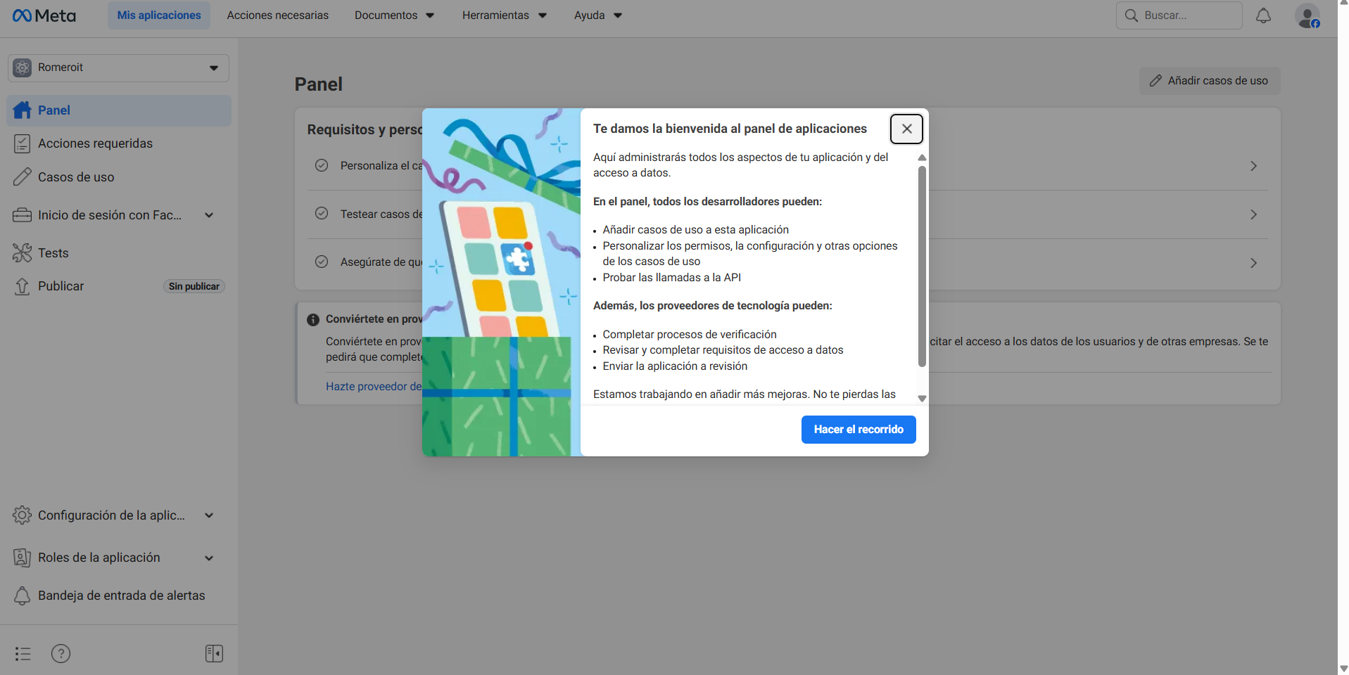 Panel con modal de bienvenida